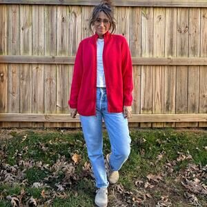 Lands’ End Red Full-Zip Ribbed Knit Jacket Cotton Holiday Sweater